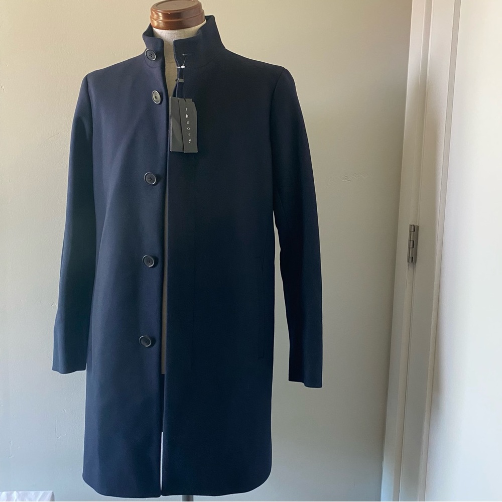 Theory men’s navy Belvin wool/cashmere blend stand-collar overcoat, XS, NWT